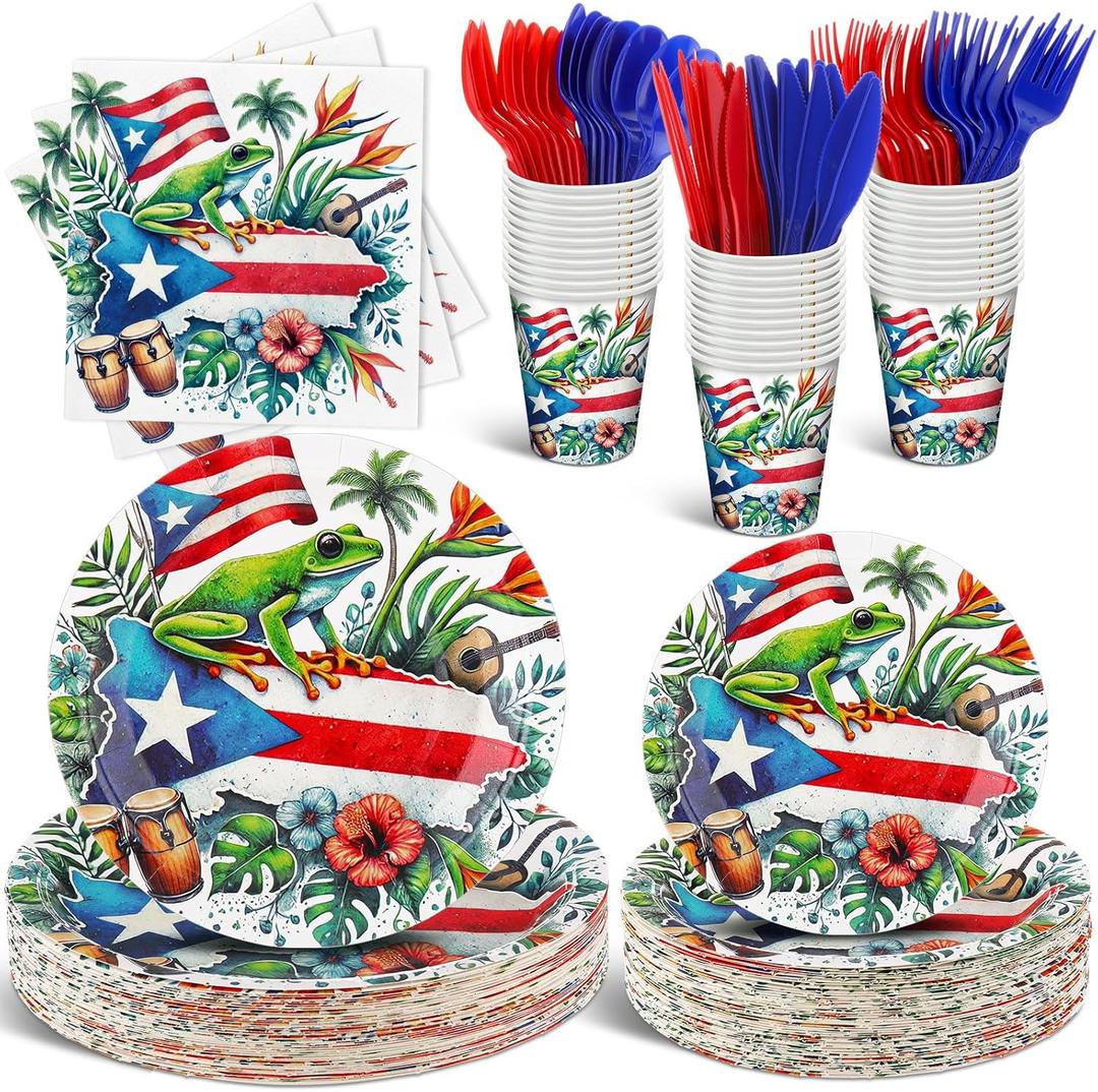 FoldTier 350 Pcs Puerto Rico Party Supplies Disposable Paper Plates Napkins Cups Puerto Rico Theme Birthday Party Decorations Tableware Flag Frog for Holiday Festival Family Friends Serve 50 Guests