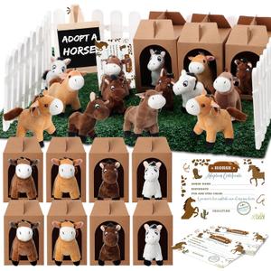 Blueweenly 84 Pcs Adopt a Pet Party Supplies 24 Mini Animals 10 White Plastic Fence 24 Paper Gift Boxes 24 Adoption Cards with Mini Chalkboard and Artificial Lawn(Pony)
