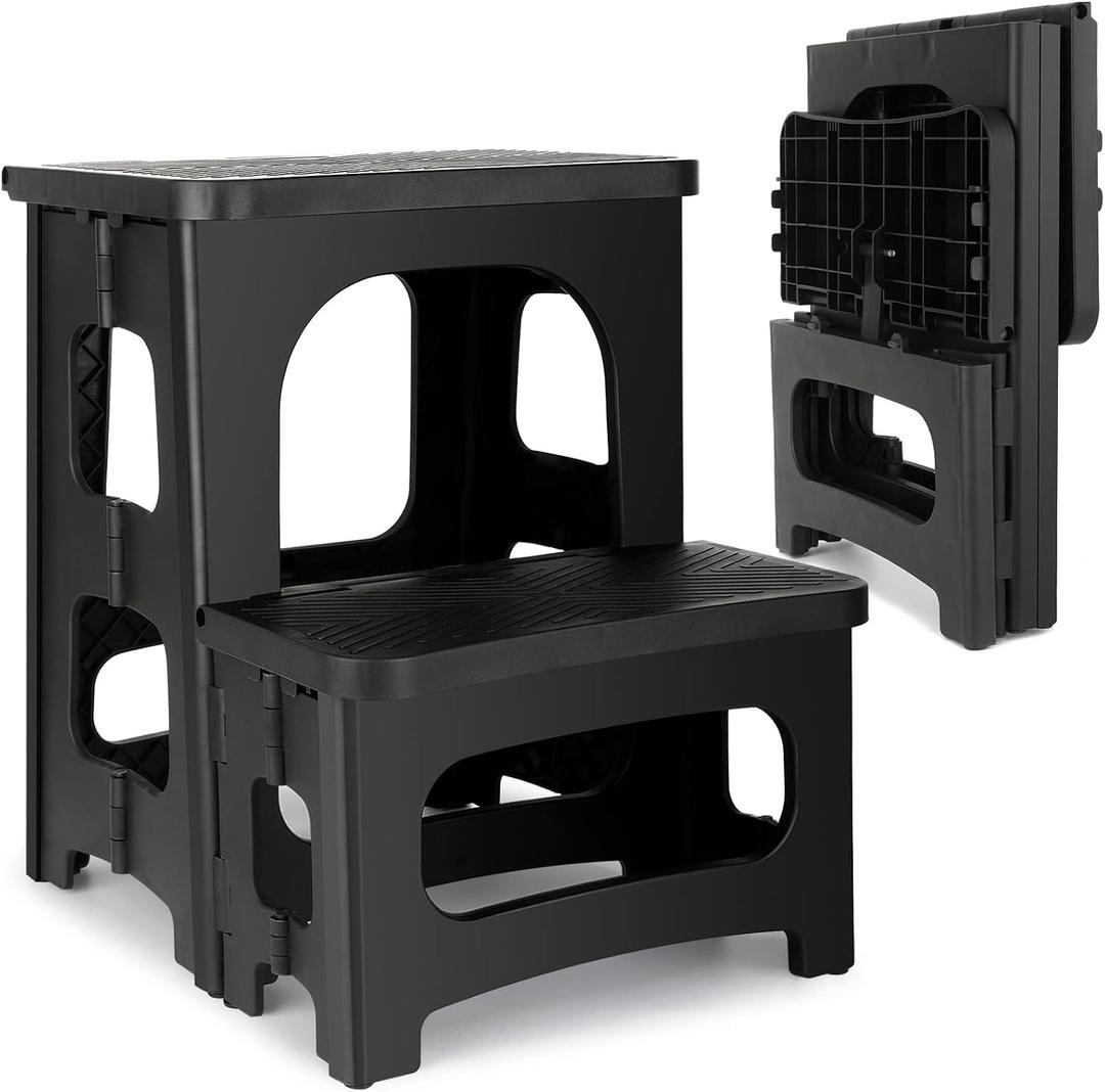 2 Step Folding Stool Non Slip 250 lb Capacity Foldable Step Stool 8 and 17 Inch Dual Height Portable Foot Stool for Kitchen Bathroom Black