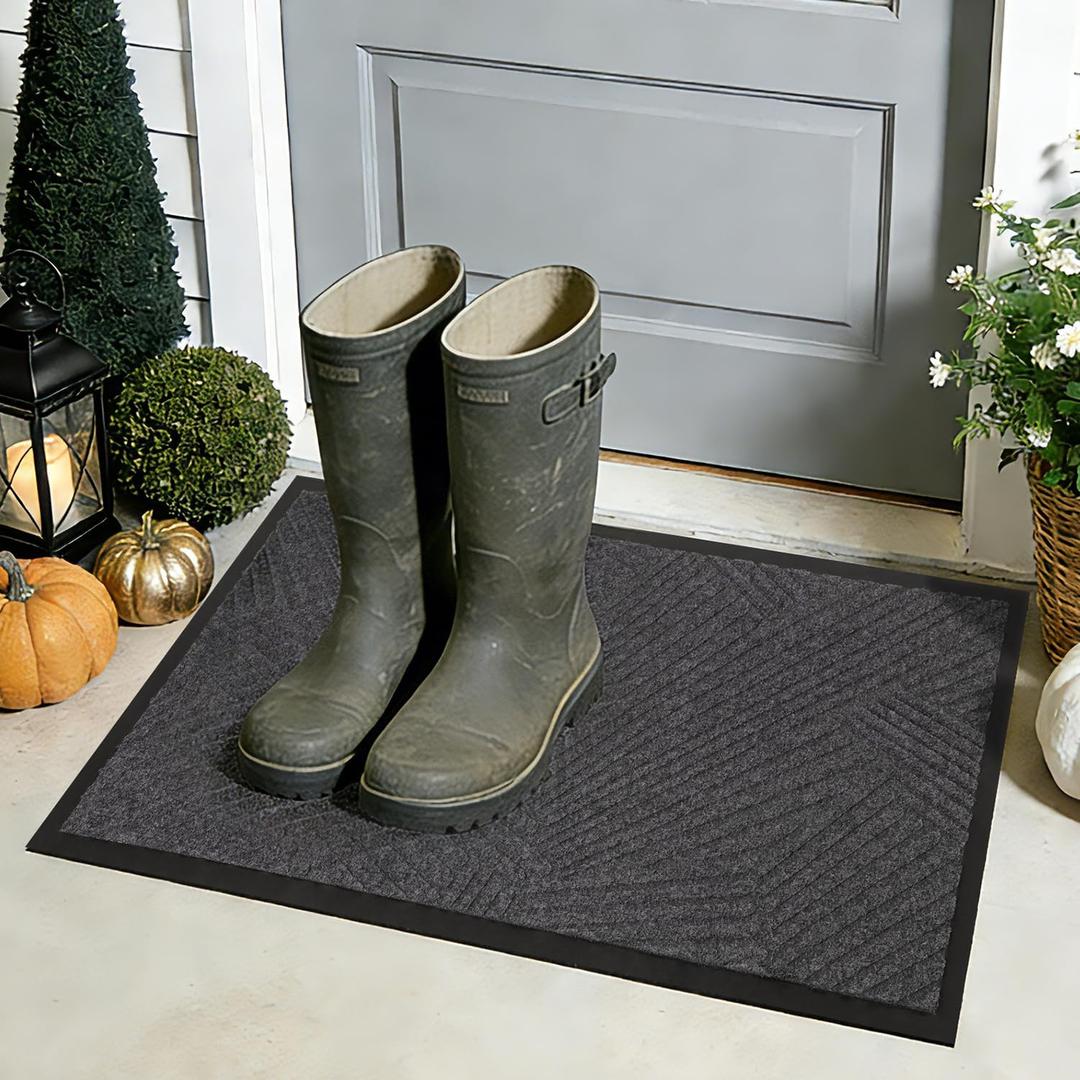16x24 Inch Grey Door Mat for Indoor Outdoor, Easy Cleaning Compact Entrance Rug, 0.25 Inch Thick Low Profile Welcome Mat for Trapping Dirts, Perfect for Side Doors, Small Entryways