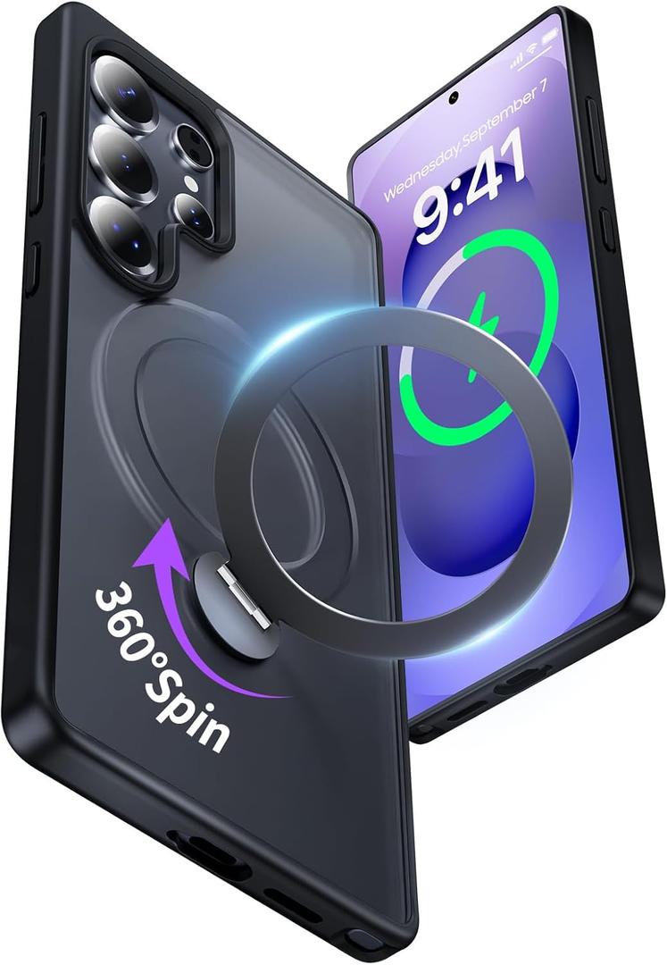 for Samsung Galaxy S25 Ultra Case,Compatible with Magsafe [Wireless Charging],with 360Rotatable Magnetic Ring Stand Matte Translucent Slim Soft Edge Phone Kickstand,Black