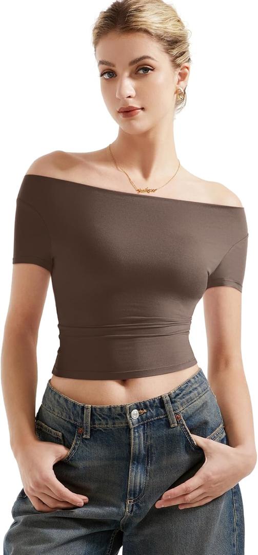 SUUKSESS Women Off The Shoulder Short Sleeve Tops Trendy Cowl Neck Going Out Basic T Shirt (Small, Brown)