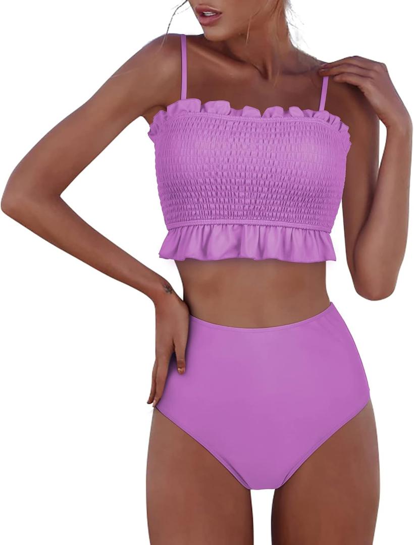 RXRXCOCO Womens Shirred Bandeau Bikini Cute Two Piece Swimsuit Off Shoulder High Waist Bathing Suit (XS)