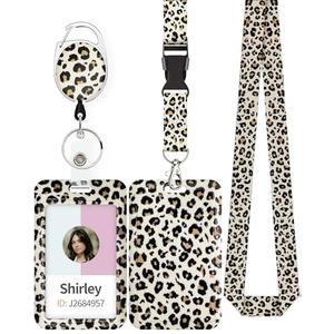 Uniclife Fashionable Sliding Badge Holder Leopard Print Plastic Case with Retractable Badge Reel Carabiner Clip & Detachable Lanyard Strap Vertical Card Protector for Worker Nurse Teacher Student