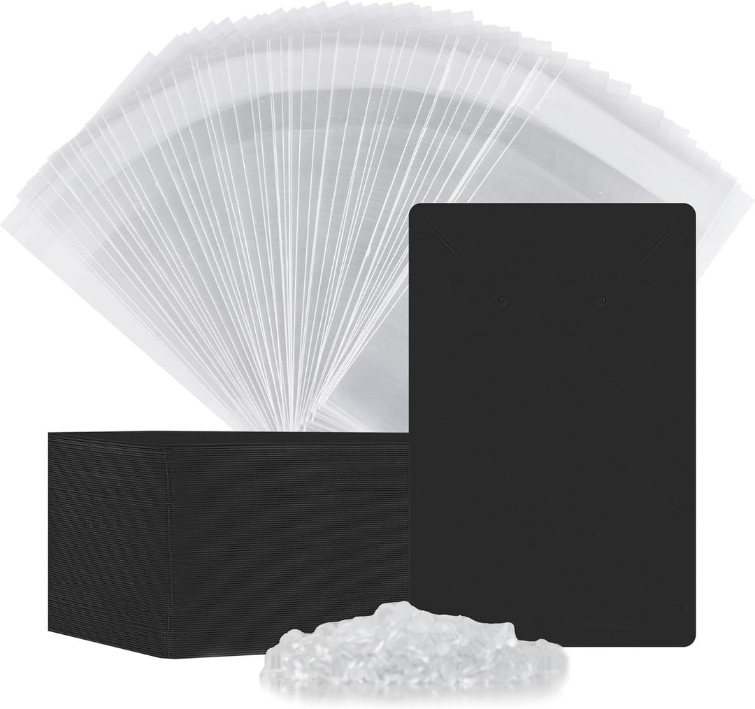Earring Cards, Set Jewelry Making Supplies with 100 Pcs Earring Holder Cards 200 Pcs Earring Backs and 100 Jewelry Packaging for Earrings Necklace Jewelry Display, Jewelry Bags 3.5x2.4 Inches (Black)