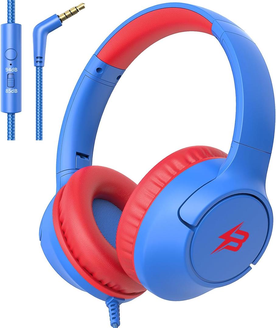 Kids Headphones for School, 85/94 dB Volume Limit, Wired Over Ear Headphones for Kids Boys Girls with Microphone, Foldable Stereo Sound 3.5mm Wired Cord for Kindle Tablet Airplane Travel, Blue