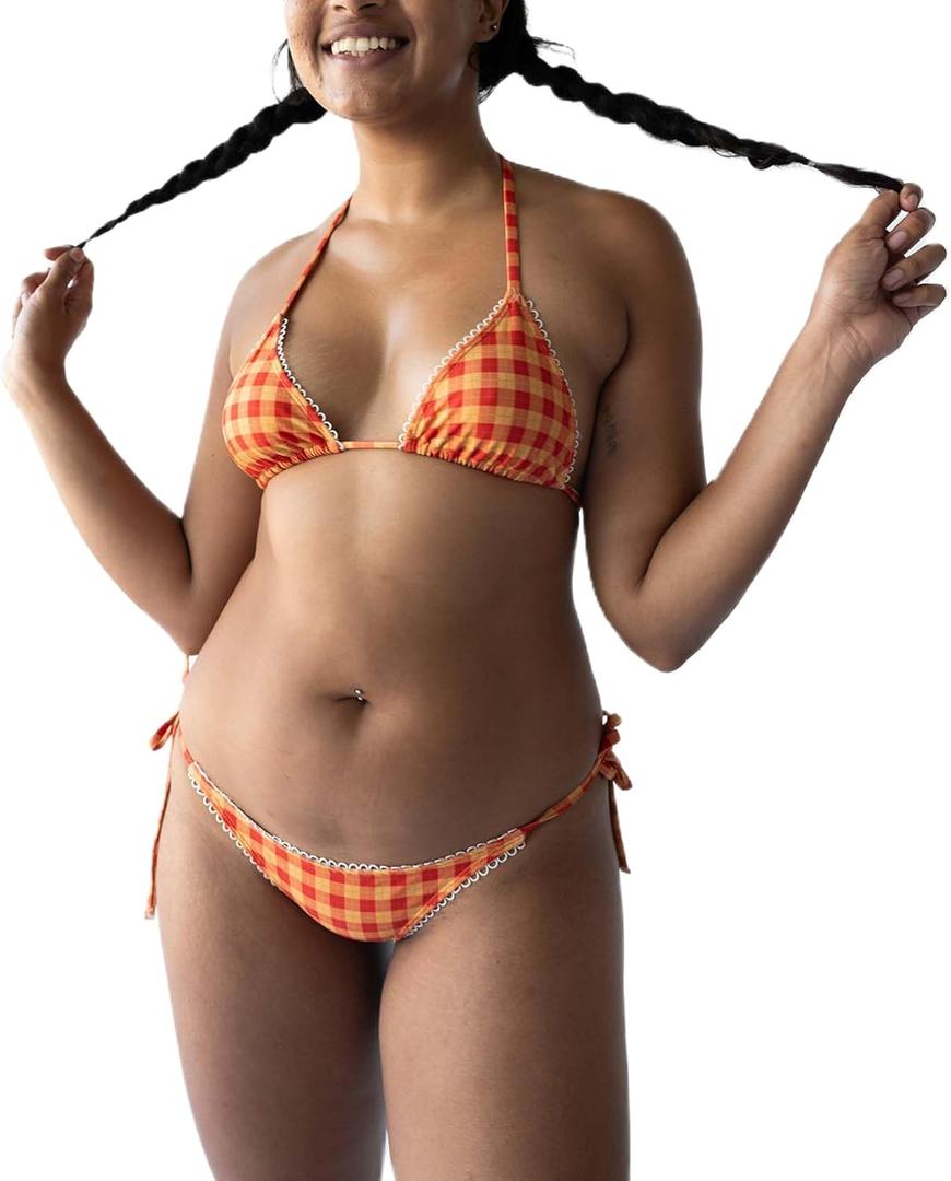 Mxiqqpltky Y2k Plaid Bikini Set for Women 2 Piece Swimsuit Halter Tie Up Bikini Top and Triangle Thong Bathing Suit Beachwear, M
