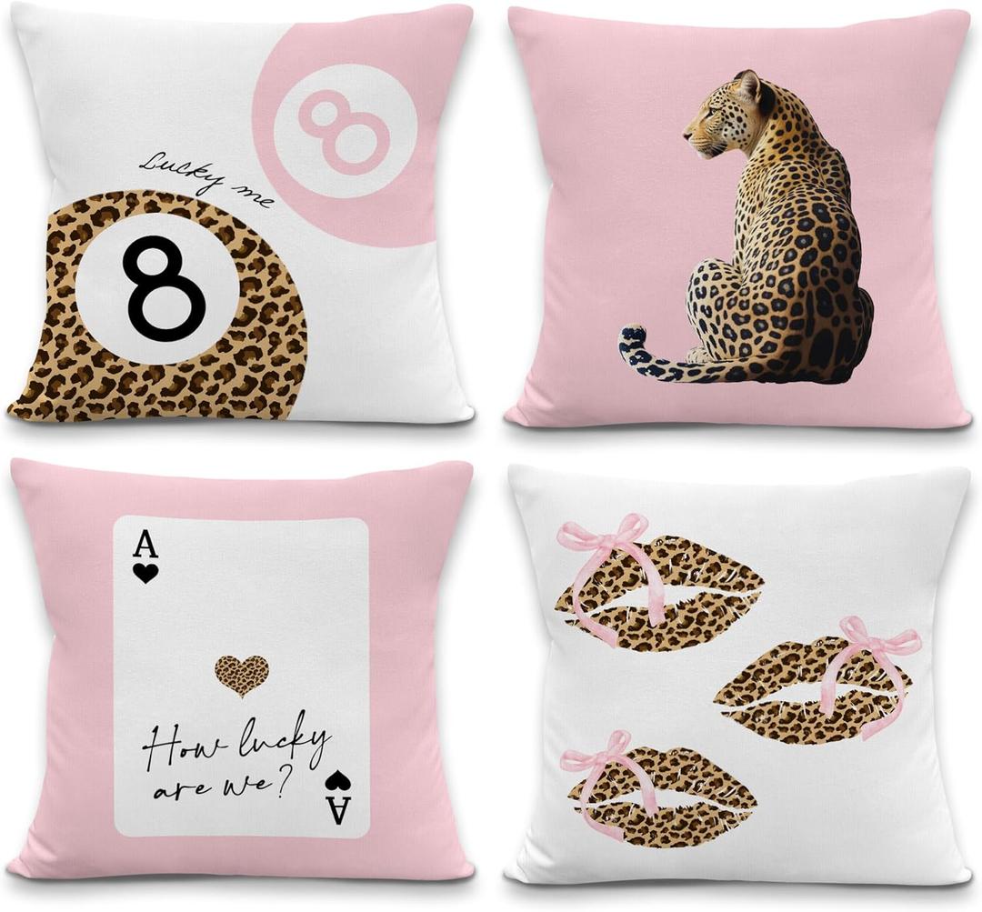 Trendy Preppy Pink Cheetah Throw Pillow Covers 18x18inches Set of 4, Funky Leopard Decorative Pillowcase Cases, Coquette Lips Throw Pillow Covers for Girly Room College Dorm Apartment Decor