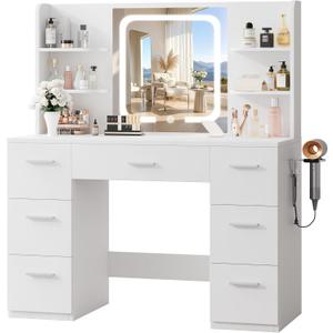 LIVELYGLOW White Large Makeup Vanity Desk with Smart LED Mirror & Power Station, 43" Professional Dressing Table with 7 Drawers, 4 Open Shelves & Hairdryer Holder for Bedroom