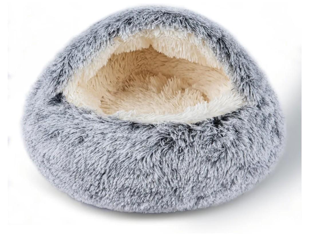 Cat Bed for Indoor Cats, Calming Cozy Cave with Self-Warming Plush, Entire Bed Machine Washable & Anti-Slip Base, Breathable Pet Bed for Small Cats&Dogs All Seasons (Grey, 22 * 22inch)