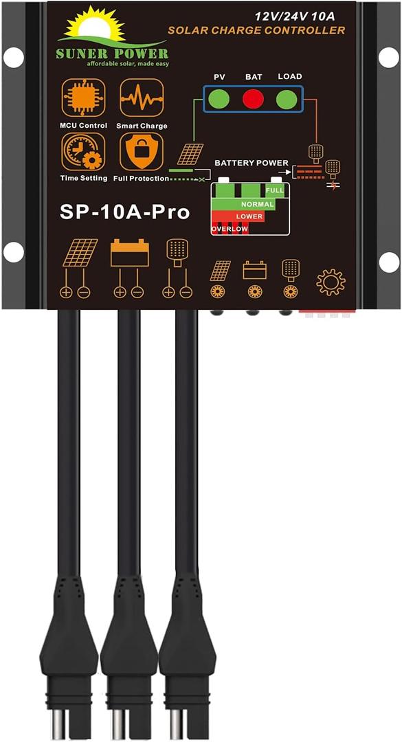 SUNER POWER 10 Amp 12V 24V Solar Charge Controller, Waterproof 10A Solar Panel Regulator with Dust to Dawn Load Setting for 12Volt 24Volt Lead-Acid, AGM, Gel, Flooded and Lithium LiFePO4 Battery