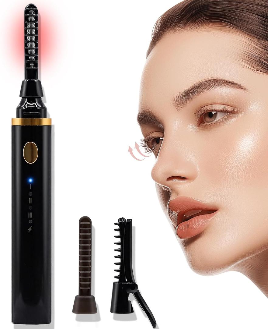 Heated Eyelash Curler, 10s Fast Heating 3 Temp Settings, Eye Lash Curler Heat with with 3 Kind of Detachable Brush Head Covers, No Lashes Damage, Natural Curling 24H for Women - Black
