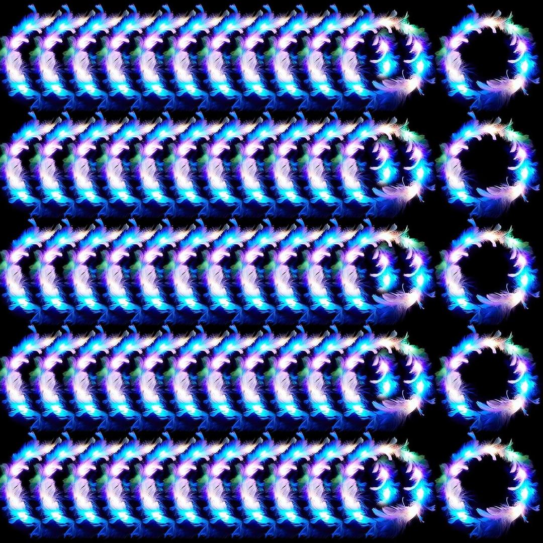 Taiyin 50 Pieces LED Feather Crown Headbands Light up Wreath Headband Flower Crowns for Women Glow in The Dark Headband for Wedding Reception Mardi Gras Cosplay Party Favors (Macaron Color)