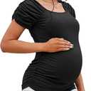 GINKANA Maternity Shirts Square Neck Maternity Tops Casual T-Shirts Ruched Short Sleeve Summer Maternity Tees Tunics Blouses (S)