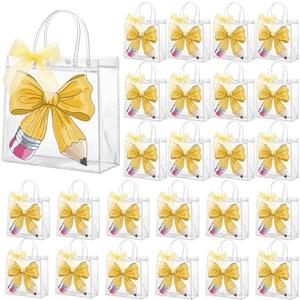 Motipuns 24 Back to School Gift Bags Bulk Clear PVC First Day of School Gift Bag with Handles, Plastic Pencil Style End of Year Teacher Appreciation Goodie Treat Bags for Graduation Wrapping Supplies