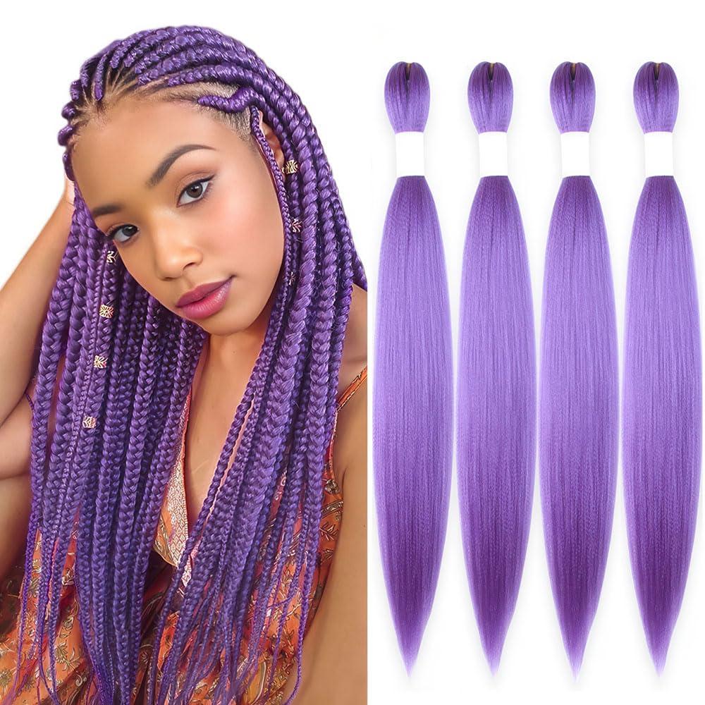 Purple Braiding Hair 20 Inch Pre Stretched Hair Long Straight Crochet Braids Yaki Texture Synthetic Fiber 4 Packs (Light Purple)