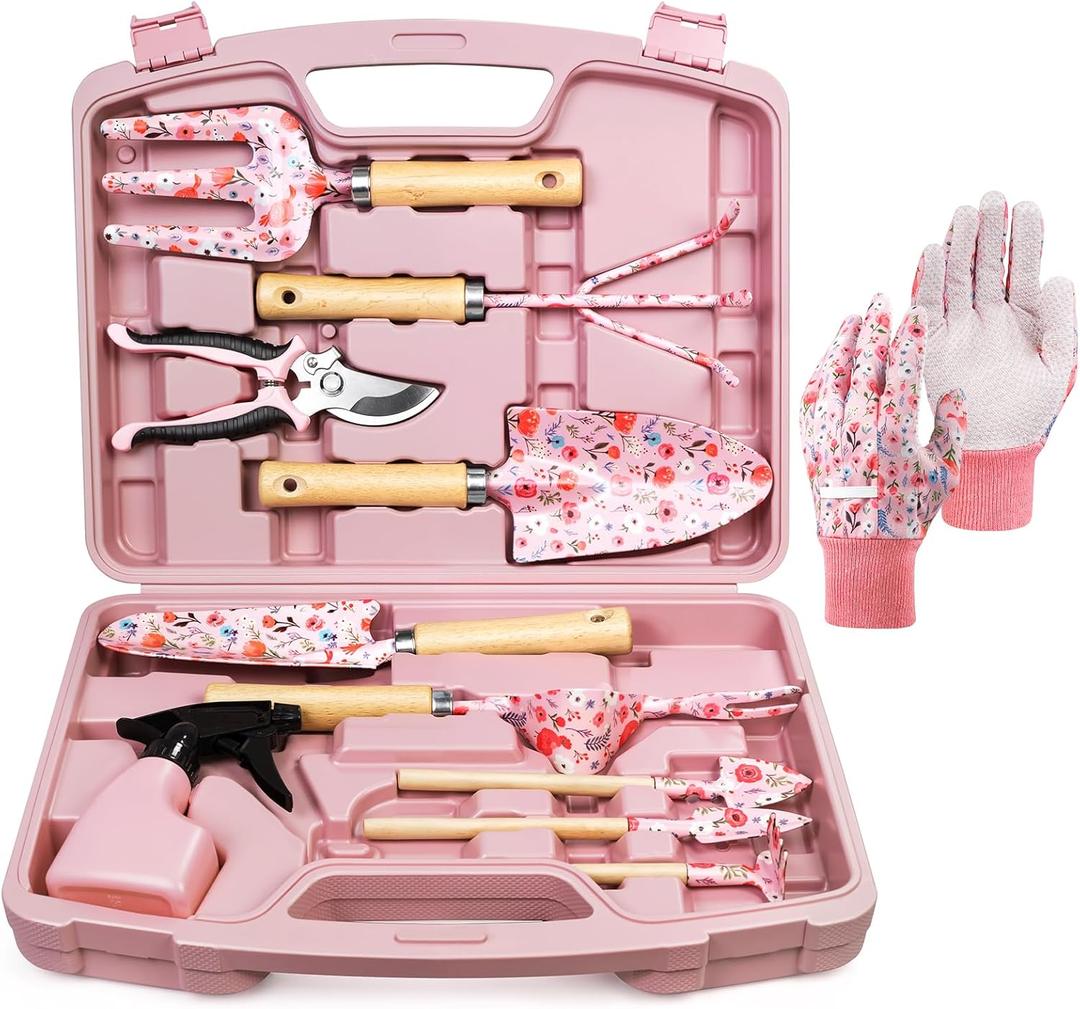 12-Piece Womens Gardening Tools Gift Set, Rust-Proof & Heavy-Duty Garden Tools with Durable Carrying Case, Fashionable & Thoughtful Gardening Gifts for Women&Men (Pink)