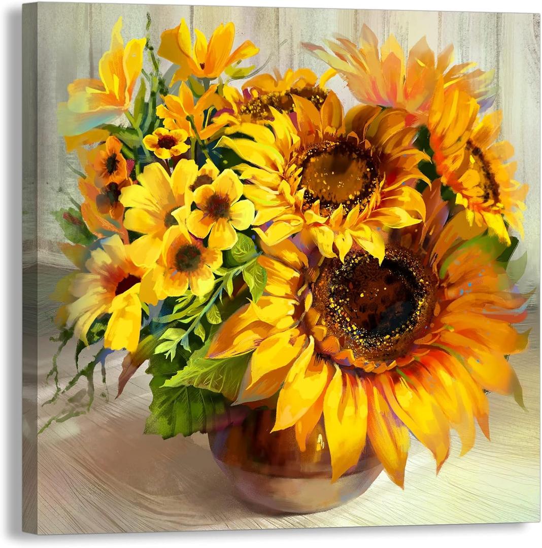 Fall Sunshine Sunflower Bathroom Decor Wall Art Farmhouse Kitchen Paintings for Wall Decorations Countryside Vintage Framed Canvas Artwork Printing Ready to Hang for Living Room Bedroom 13.4"x13.4" (Yellow)