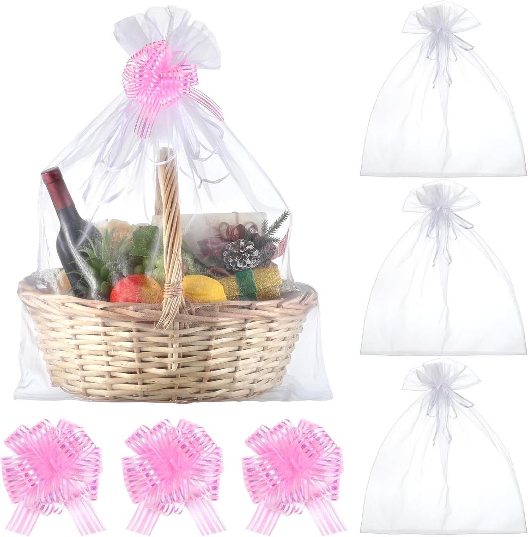 Zeyune 3 Sets Oversized White Organza Bags 24 x 30 Inch Extra Large Drawstring Organza Bags with Pull Bow Mesh Drawstring Gifts Pouches Gift Basket Wrapping Pouches for Mother's Day Wedding(Pink)