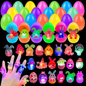 24 Pack Prefilled Easter Eggs with 3D Finger Lights Up Rings Toys Grow in the Dark Great for Kids Girls Boys Easter Basket Stuffers Party Favors Eggs Fillers (Easter)