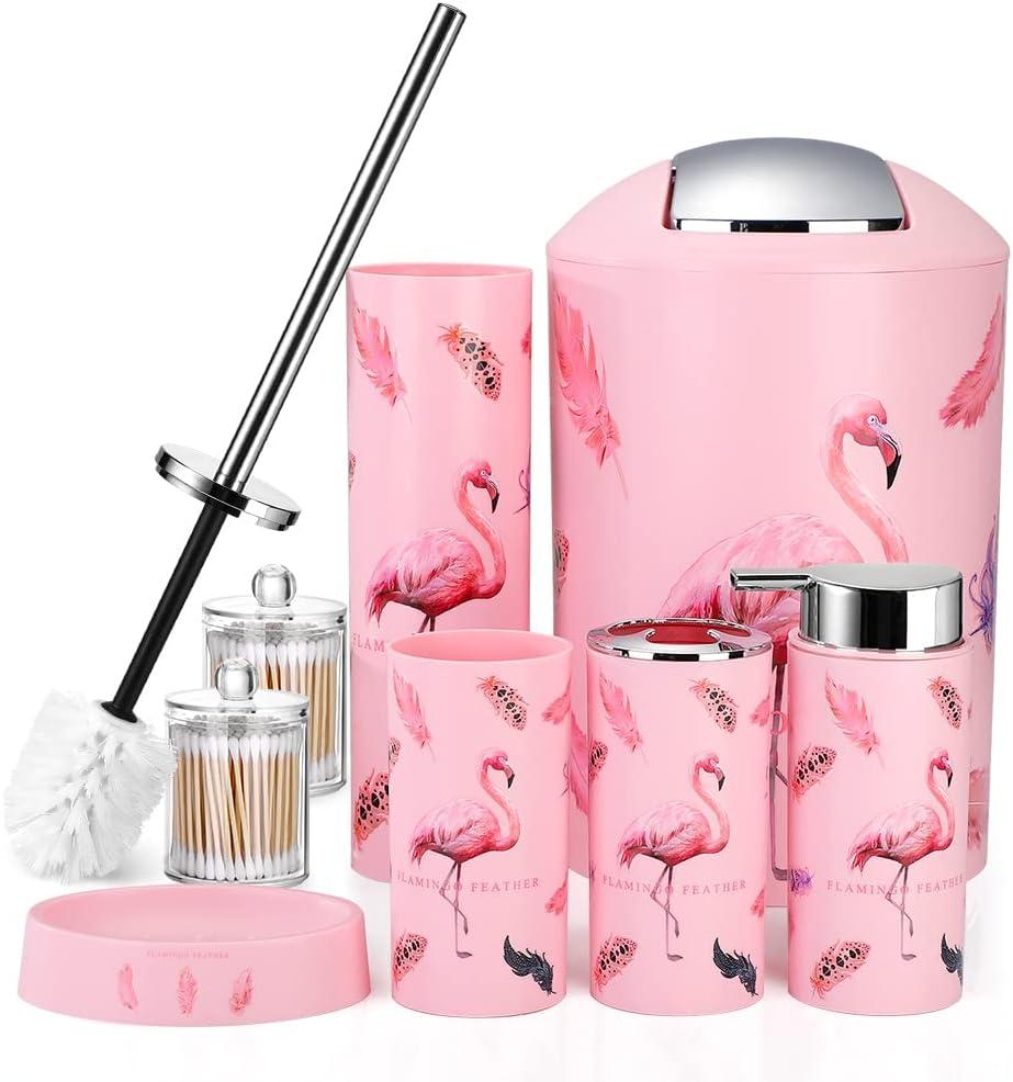 OTOSTAR Bathroom Accessory Set 8 Pcs Pink Flamingos Bathroom Accessories Set Bathroom Set with Trash Can Soap Dispenser Toothbrush Holder Tumbler Soap Dish Toilet Brush Holder Qtip Holder (Flamingo)