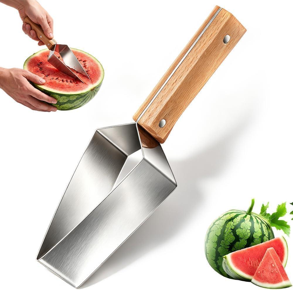 2 x Triangle Watermelon Cutter, Watermelon Slicer Cutter Tool, 430 Stainless Steel Watermelon Cutter with Wooden Handle and Blade Cover for Watermelon Melon Apple