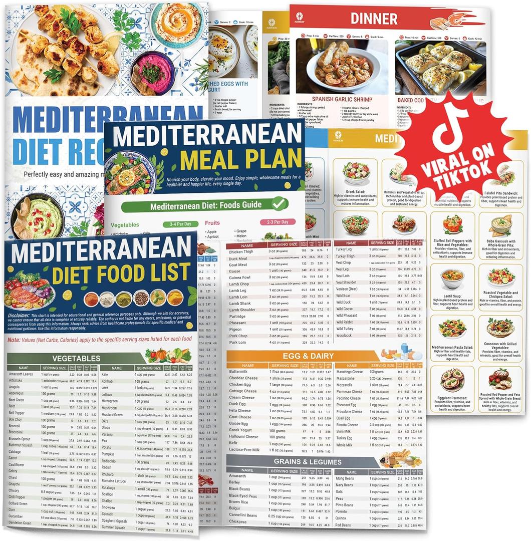 Set 3 Mediterranean Diet Chart Food List 2026, Mediterranean Ingredient Meal Plan, Serving Sizes Calories Net Carbs, Weight Loss Diet, Diabetes-Friendly, Heart Healthy, Easy Recipes for Beginners