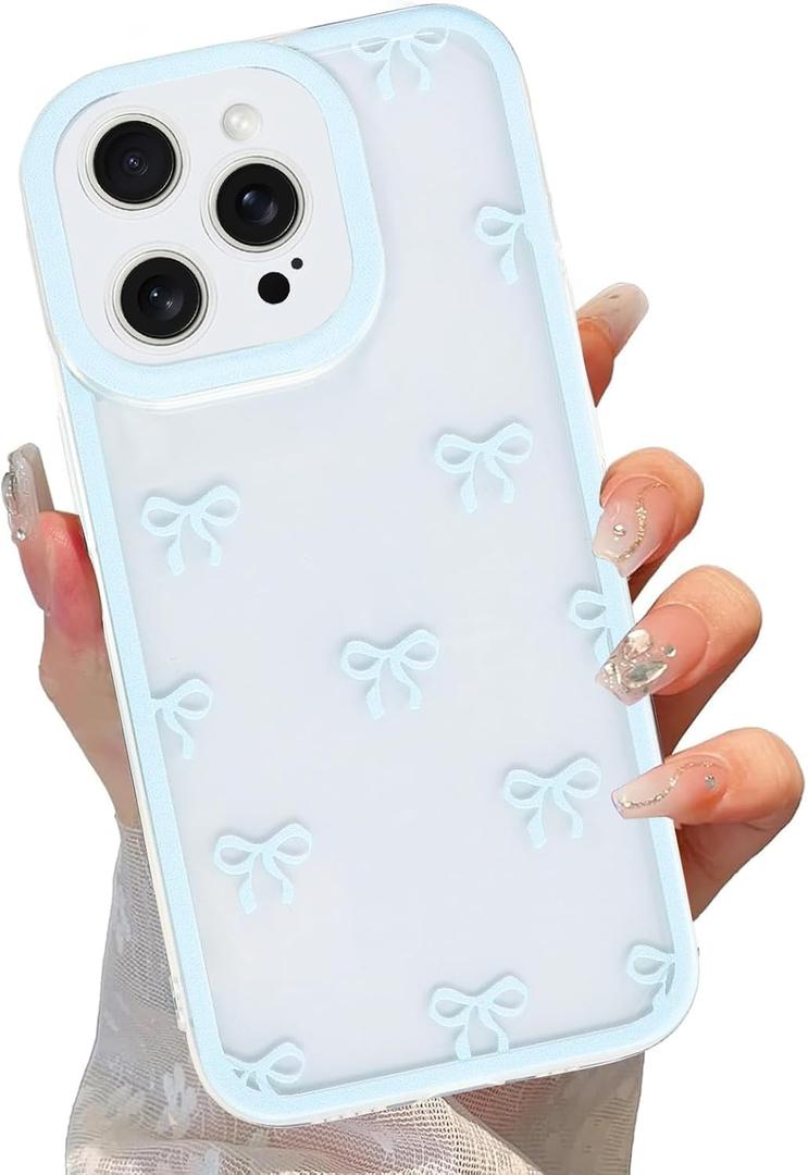 Cute Coquette Bow Phone Case for iPhone 15 Pro Max 6.7", Clear Aesthetic Blue Ribbon Bowknot Pattern Print Design Case Transparent Camera Protective Funda Shockproof Soft TPU Women Girls Cover