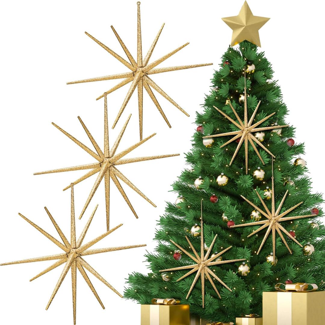 Syhood 6 Pcs Glitter Starburst Star New Year Ornaments 8 Inch Exploding Glitter Starburst Bethlehem Star Hanging Tree Ornaments Tabletop 3D Decor New Year Holiday Party(Champagne Gold,Classic)