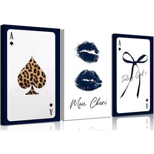 MAVGOUUY 3Pcs Trendy Navy Blue Coquette Canvas Wall Art, Preppy Leopard Ace of Spades Poker Kiss Lips Bows Poster Print, Positive Quote Wall Decor Artwork for Living Room Girls Bedroom Dorm Home Decoration