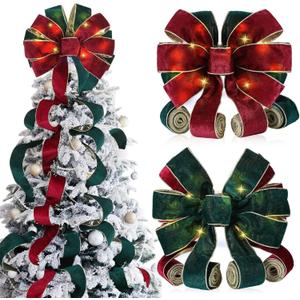Soulchen Velvet Large Christmas Tree Topper Bow 12.6 x 118 Inch Lighted up Double Side Velvet Christmas Bow with 4 x 3 Yards Ribbon Streamers for Holiday Xmas Tree Party Decoration(Green)