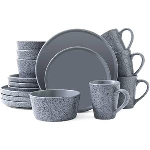 Bestone 16 Piece Round Kitchen Dinnerware Sets,Plates and Bowls sets,Dishes, Dinner Plates, Cereal Bowls SetBowls, Mugs, Dish SetPlates and Bowls,Service for 4, Stoneware Dinnerware,Grey