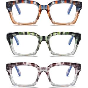 Hubeye 3 Pairs Retro Oversized Large Frame Reading Glasses for Women Men Square Fashion Oprah Style Blue Light Blocking Computer Reader with Glasses Cloth Cover +1.0, 3 Pairs - Stripes (Gray/Green/Orange))