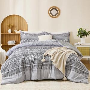 Goodidea Boho Comforter Set King Size 3 Piece Grey Bohemian Striped Comforter Soft Lightweight Microfiber Bedding Set with 2 Pillow Shams for All Season (King, 104"X90")