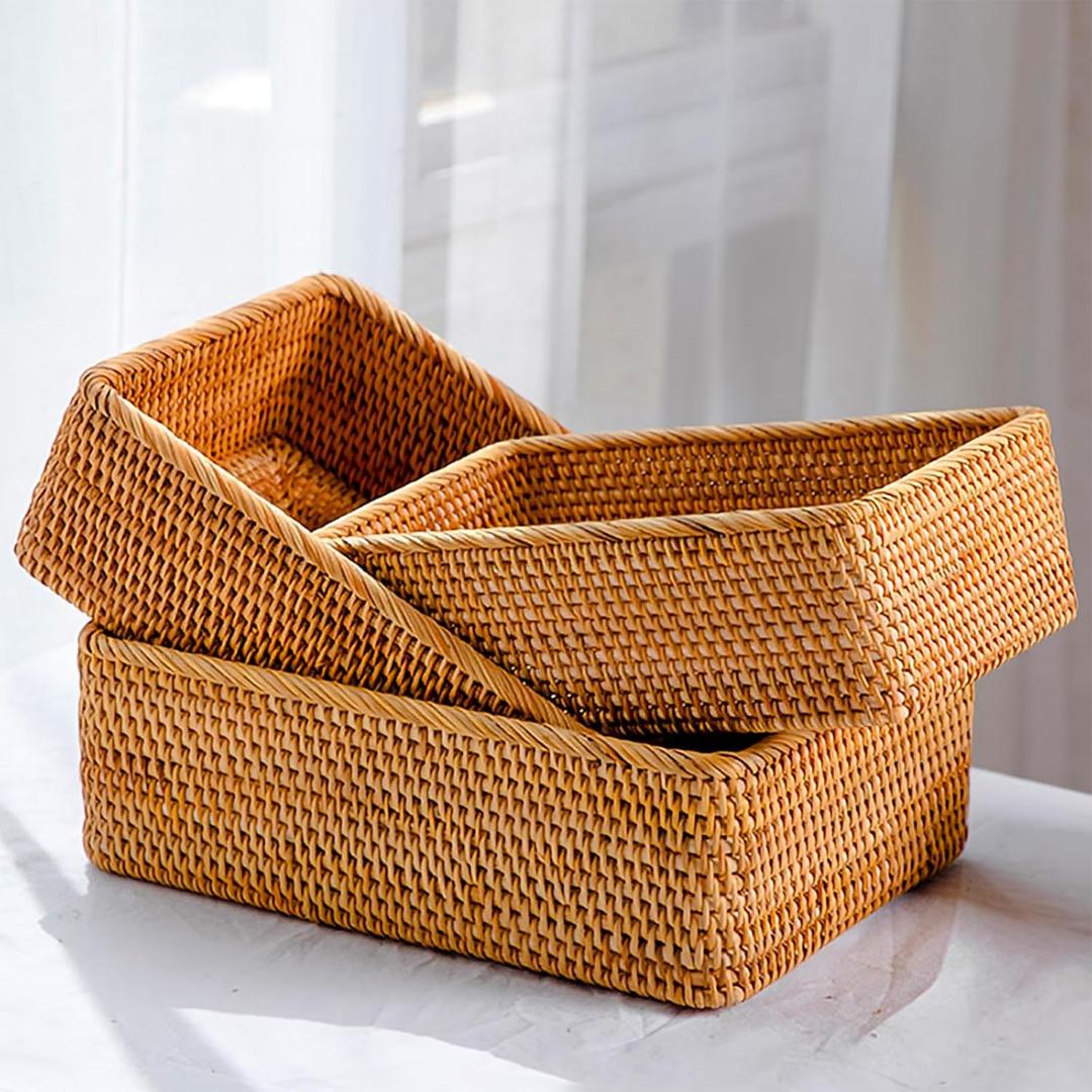 ZENFUN 3 Pack Natural Rattan Storage Baskets, Rectangular Woven Fruit Baskets for Decor, Handmade Woven Nesting Bread Baskets for Organizing, Serving, for Kitchen, Home, 3 Sizes