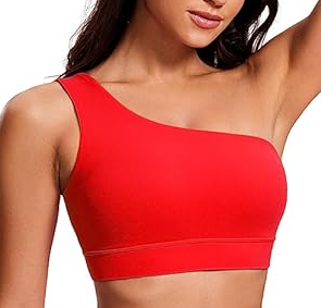 CRZ YOGA Butterluxe Womens One Shoulder Sports Bra - Sleeveless One Strap Low Impact Asymmetrical Workout Yoga Tops (Medium, Red)