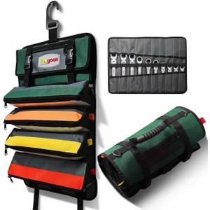 Roll Up Tool Bag, Heavy Duty Tool Roll Bag, Roll Up Bag with Portable Wrench Roll Pouches& Detachable Color Coded Tool Pockets, Fold-able Tool Bags, Tool Organizer Storage Bag