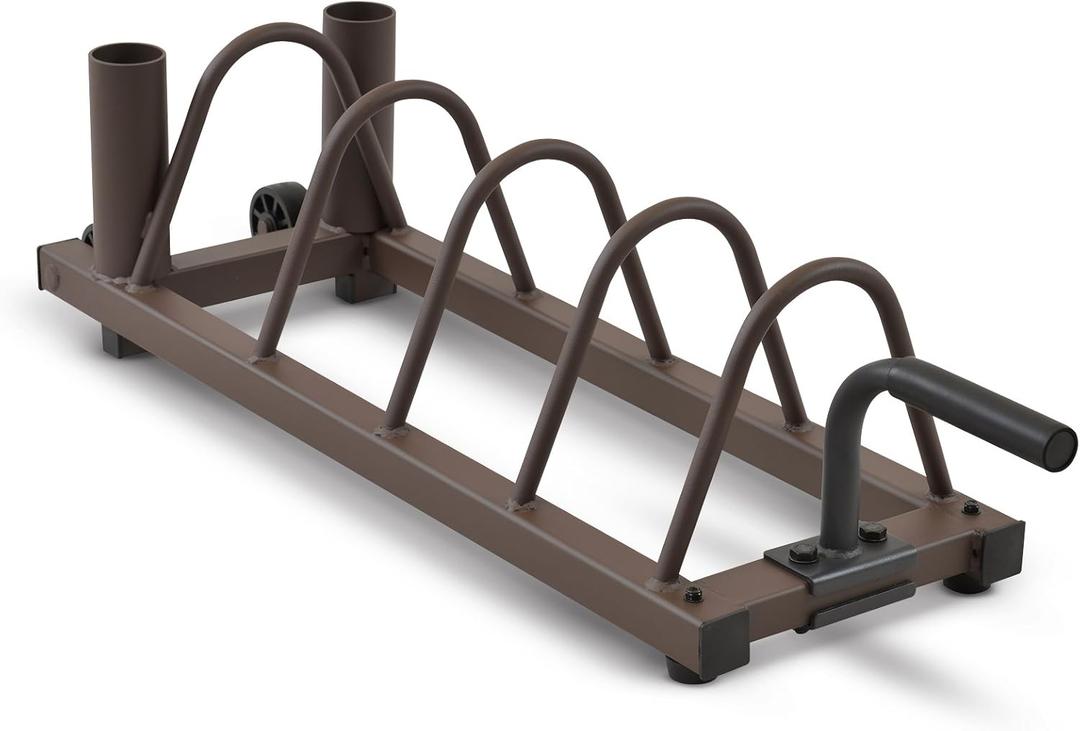 Steelbody Horizontal Plate and Olympic Bar Rack Organizer with Steel Frame and Transport Wheels STB-0130, brown 41L x 11W x 9.5H