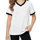 Poroka Girls Short Sleeve Shirt V-Neck Tee with Ribbed Trim Plain T-Shirts Soft Fashion Summer Tops for Girls, 7-14 Years White
