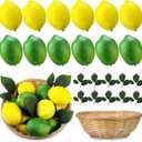12 Pcs Fake Lemon Limes Artificial Fruits Yellow Green Faux Lemon Limes 3" x 2" Mix Set with 10 Leaves and 1 Woven Basket Lifelike Fake Fruits Decor for Kitchen Party Table Photo Prop