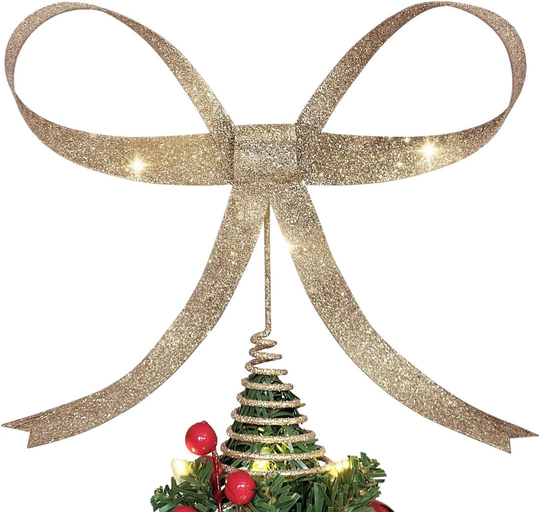 Yhthoha Large Metal Bow Christmas Tree Topper,9.4 Inch Glitter Champagne Gold Tree Topper,Champagne Gold Bow Christmas Tree Decorations for Xmas Home Decor Holiday Party Indoor Outdoor Shop Office