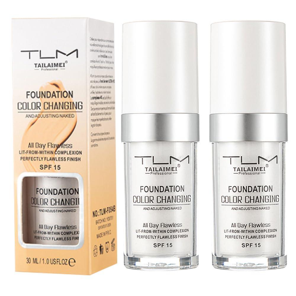 2PCS TLM Colour Changing Foundation - Flawless Coverage, Lightweight Formula, Adapts to Skin Tone, Hides Wrinkles & Lines, Hydrating & Long-Lasting, BB Cream Makeup Base Concealer Cover (1 Fl Oz (Pack of 2))