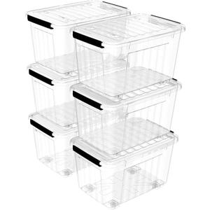 Lidded Storage Bin Stackable Storage Box Organizing Container with Lid and Snap Lock, Durable, Plastic, Clear, 60 quart, Pack of 6