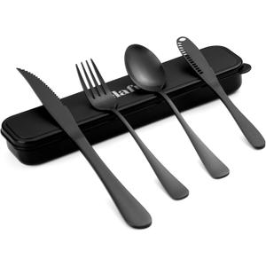 5-pieces Travel Set with Case Portable Silverware Utensils Set for work, Stainless Steel Reusable Flatware Set Cutlery Set for Camping Picnic Hiking Office, (matte black, 5.9)