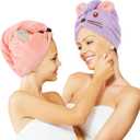 Whaline 2 Pack Parent-Child Quick Dry Hair Towel Cute Mouse Hair Towel Wrap Purple Pink Cotton Hair Turban Towels Super Absorbent Hair Drying Towel for Women Parent Kids Curly Long Thick Hair