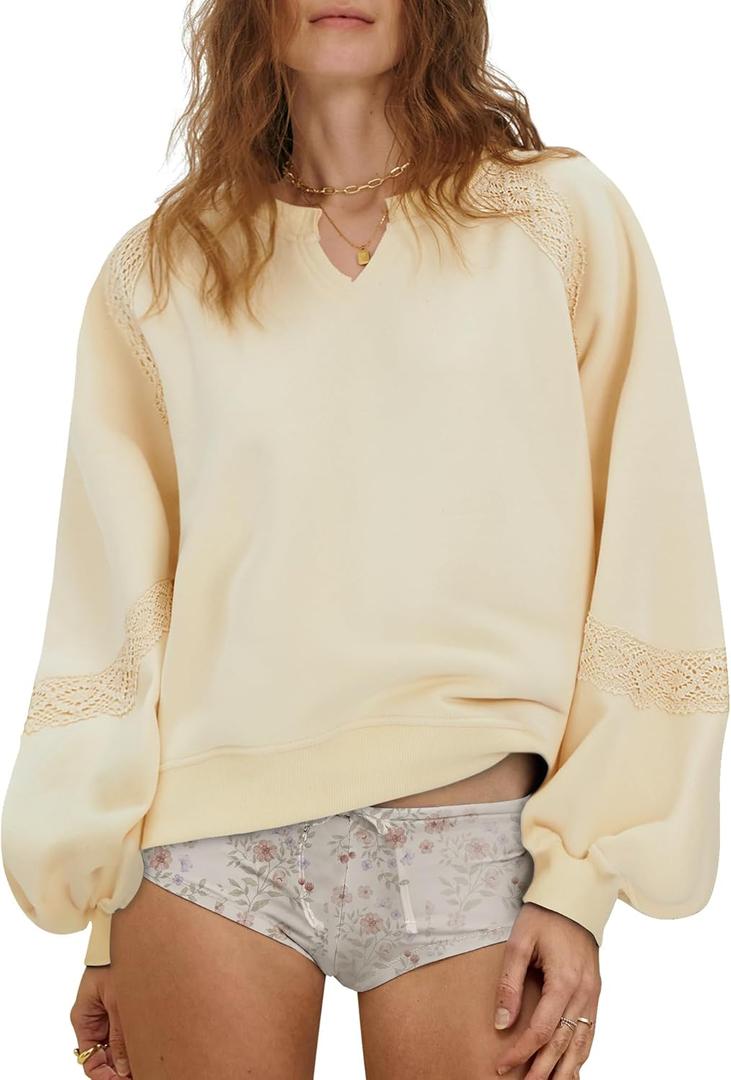 Gacaky Sweatshirt for Women Oversized Fleece Embroidered Crochet Cropped Pullover Tops Fall Fashion Outfits Clothes, Large
