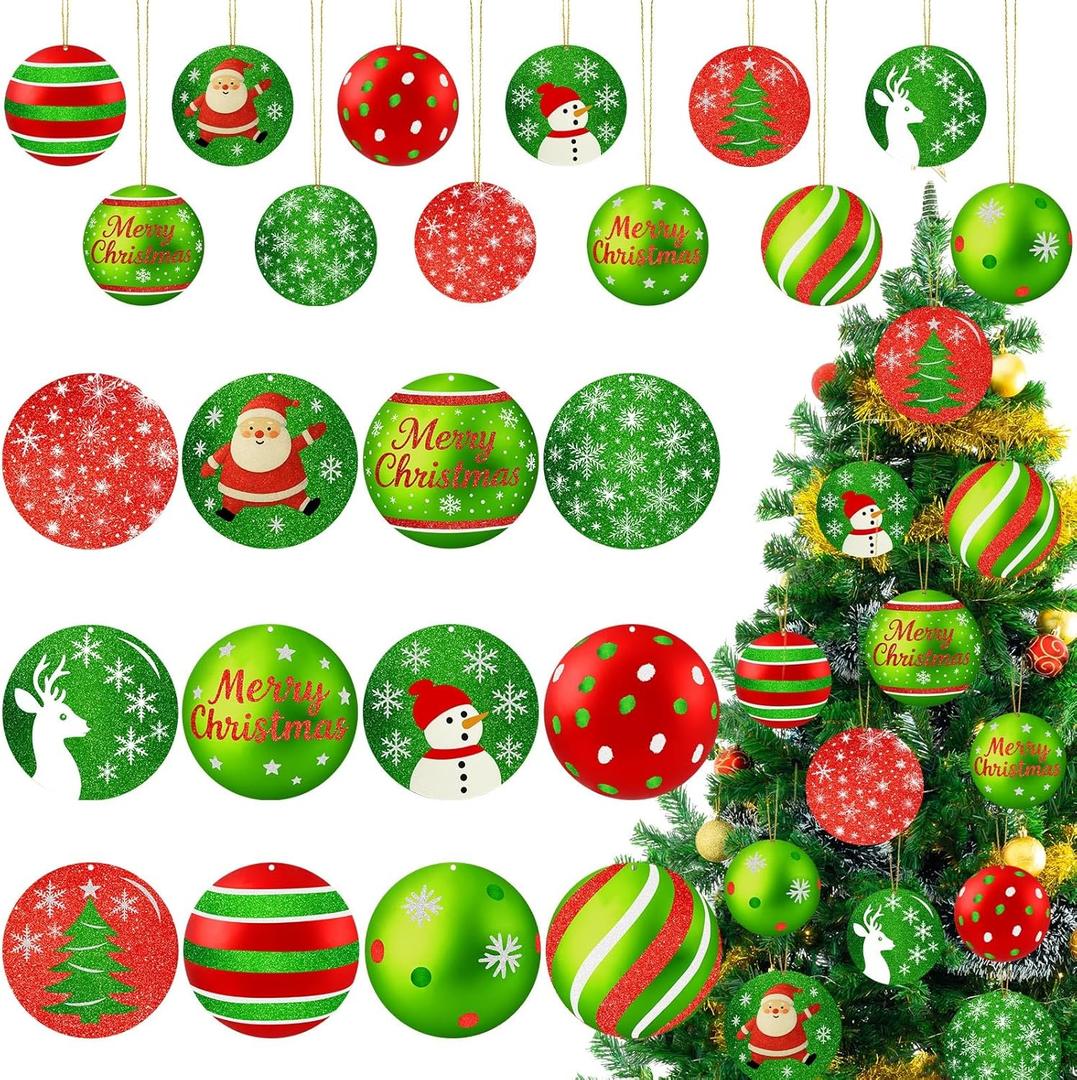 Soulchen 36 Pcs Christmas Tree Ornaments Red and Green Glittering Hanging Decoration Xmas Snowflake Santa Snowman Plastic Round Christmas Pendants Ornament Set for Home Indoor Holiday Party