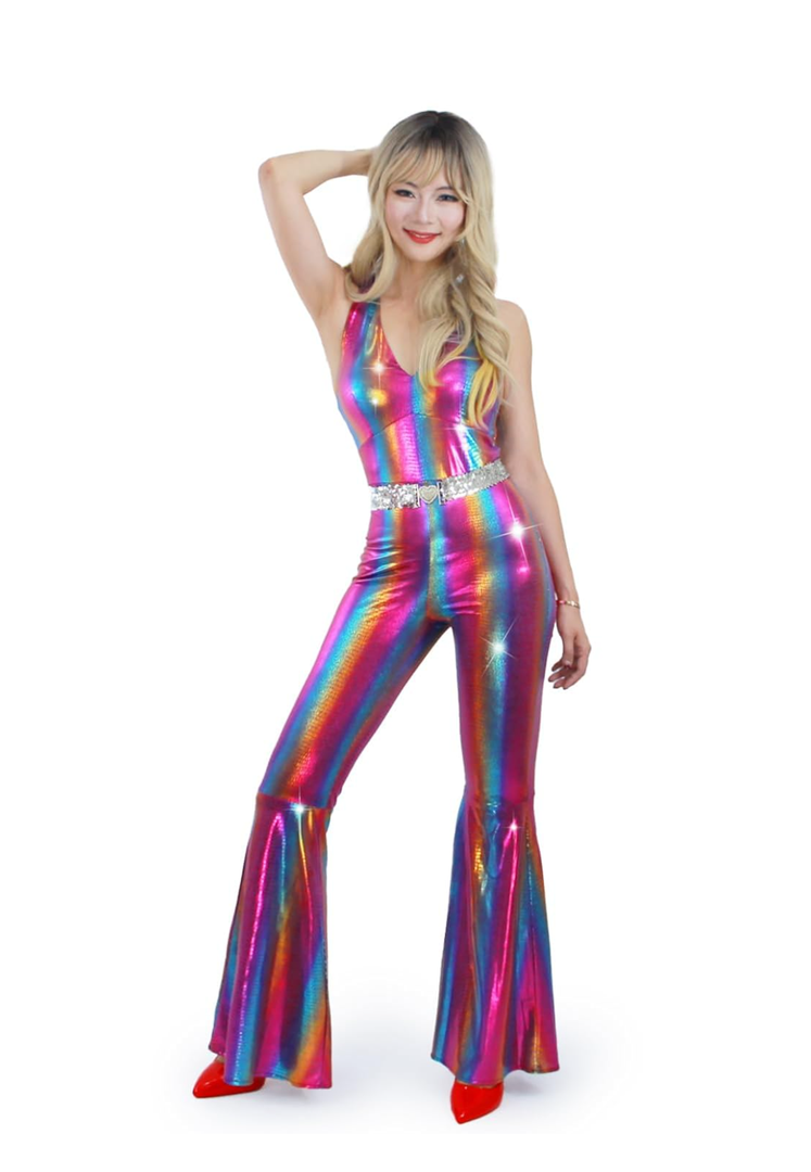 Nawgut Disco Outfit 70s 80s Prom Sparkle Flare Jumpsuit Party Costume Halloween Cosplay For Adult Women XL