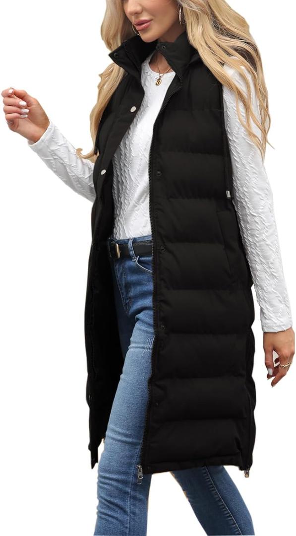 Ciguo Long Vest for Women Sleeveless Winter Long Puffer Vest Lightweight Warm Zip Up Hooded Jacket (Small, Black)