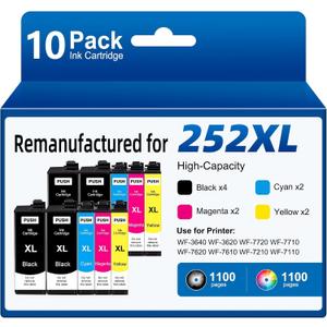 Remanufactured Ink Cartridges Replacement for Epson 252XL T252XL Ink Cartridges Combo Pack (10 Pack) for Workforce WF-3640 WF-3620 WF-7720 WF-7710 WF-7620 (4 Large Black, 2 Cyan, 2 Magenta, 2 Yellow)